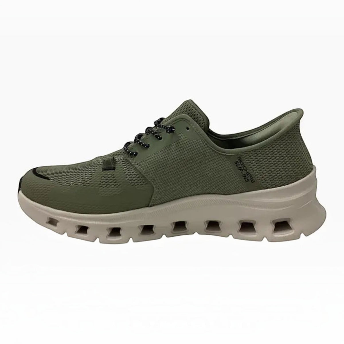 The Shoe Shop Skechers Glide Step Pro olive green mesh slip-in sneaker with a cushioned midsole and stretch laces.