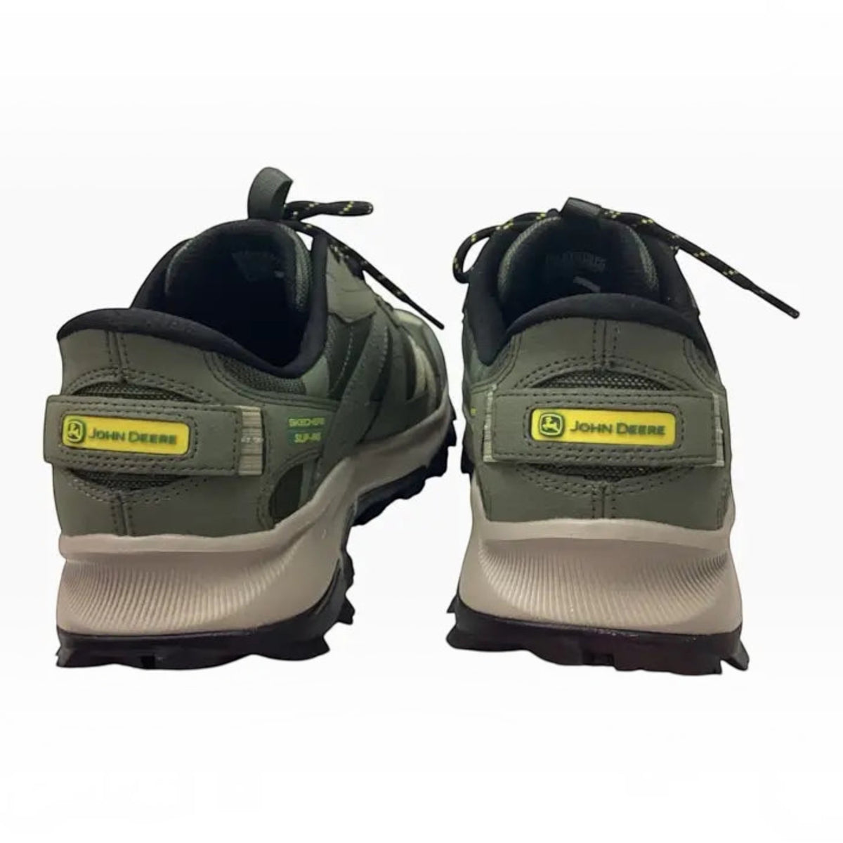 The Shoe Shop Skechers x John Deere Equalizer 5.0 Trail Harvester sneakers in olive green, rear view showing logos.