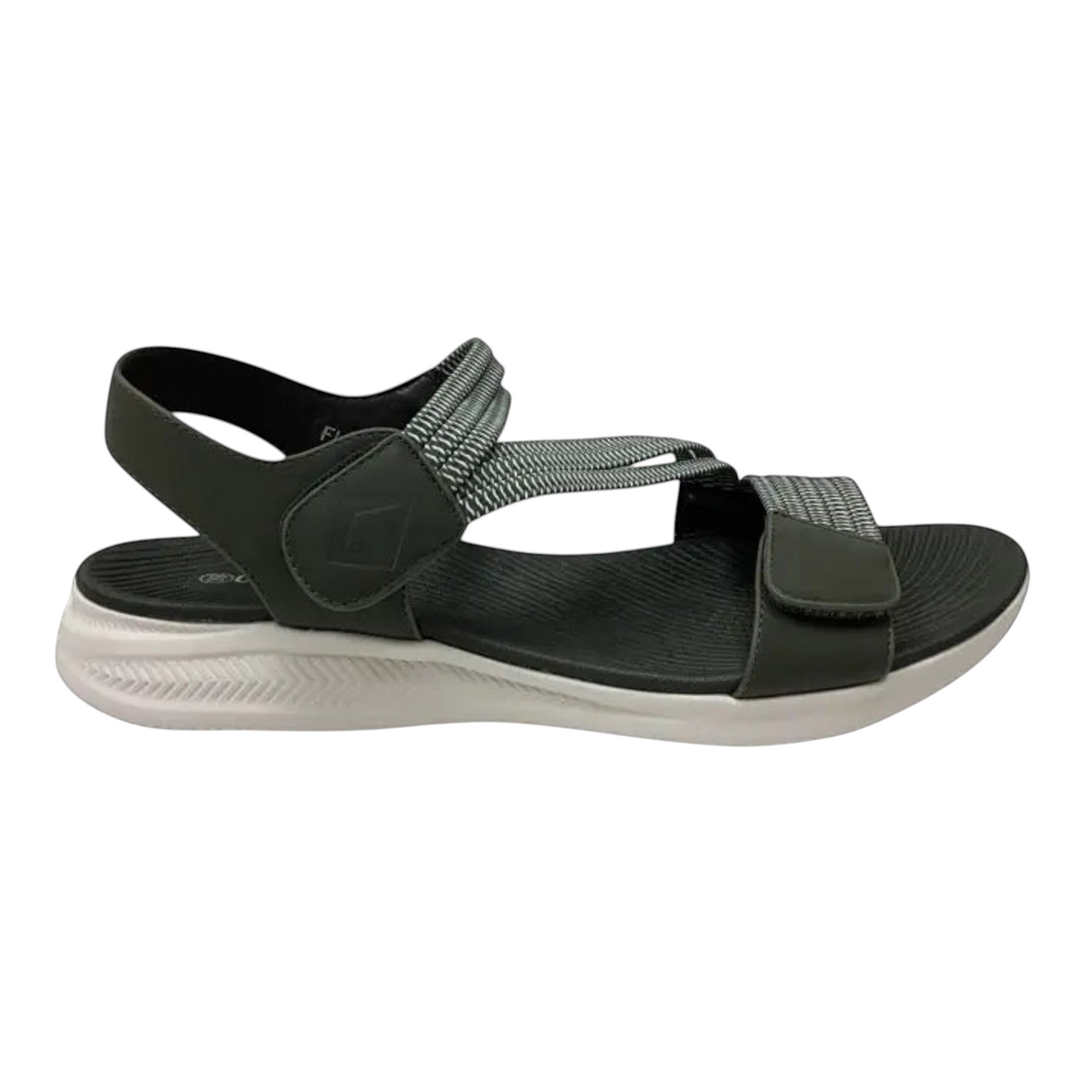 The Shoe Shop CC Resorts Florrie olive green textile sandals with velcro straps and a white cushioned footbed.