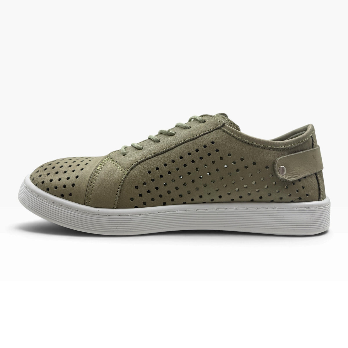 The Shoe Shop Cabello EG17 olive green leather sneaker with a punched upper, side zip, and white rubber sole.