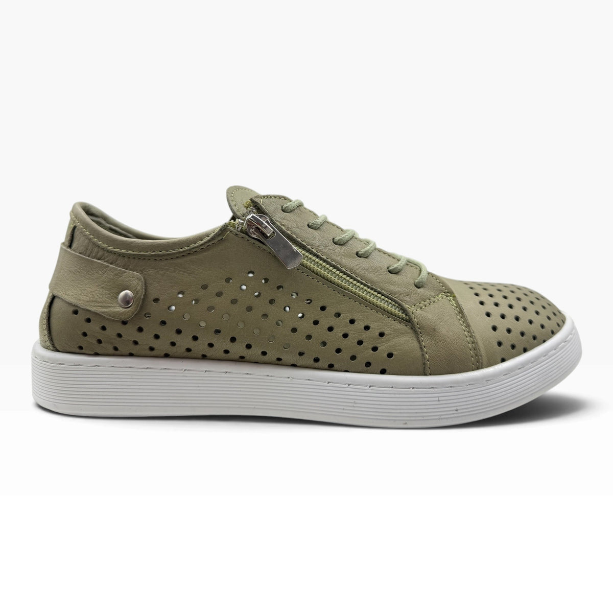 The Shoe Shop Cabello EG17 olive green leather sneaker with punched upper, side zip, and white rubber sole.