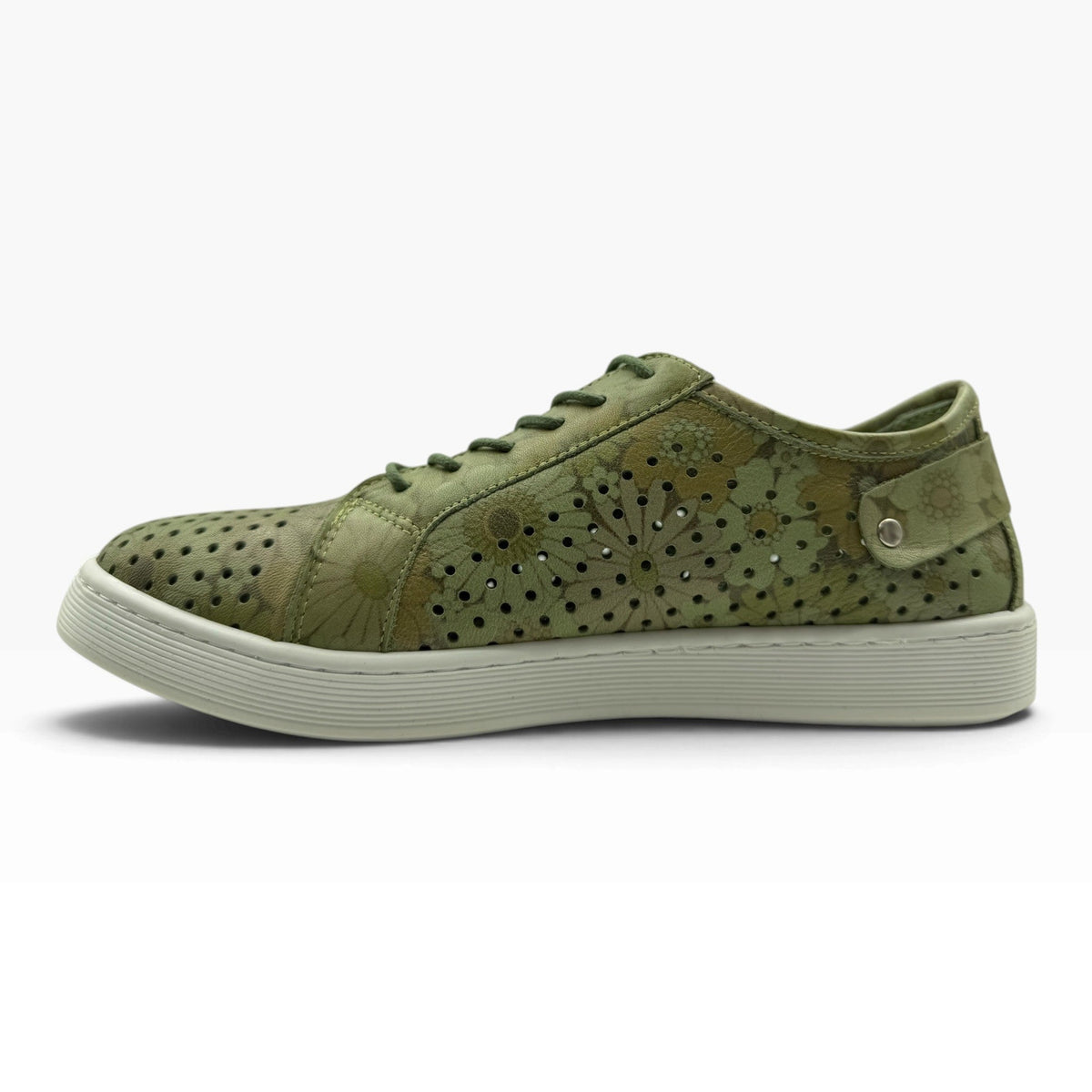 The Shoe Shop Cabello EG17 olive green leather sneaker with floral laser-cut details, side zip, and rubber sole.
