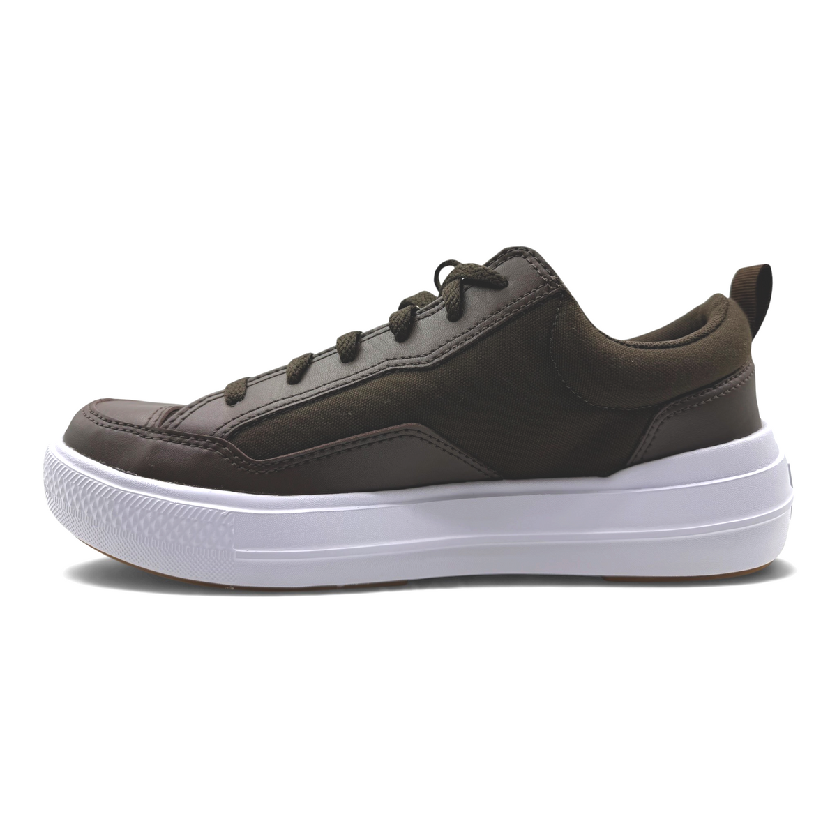 The Shoe Shop dark olive canvas and synthetic low-top sneaker with a thick white platform sole and lace-up closure.