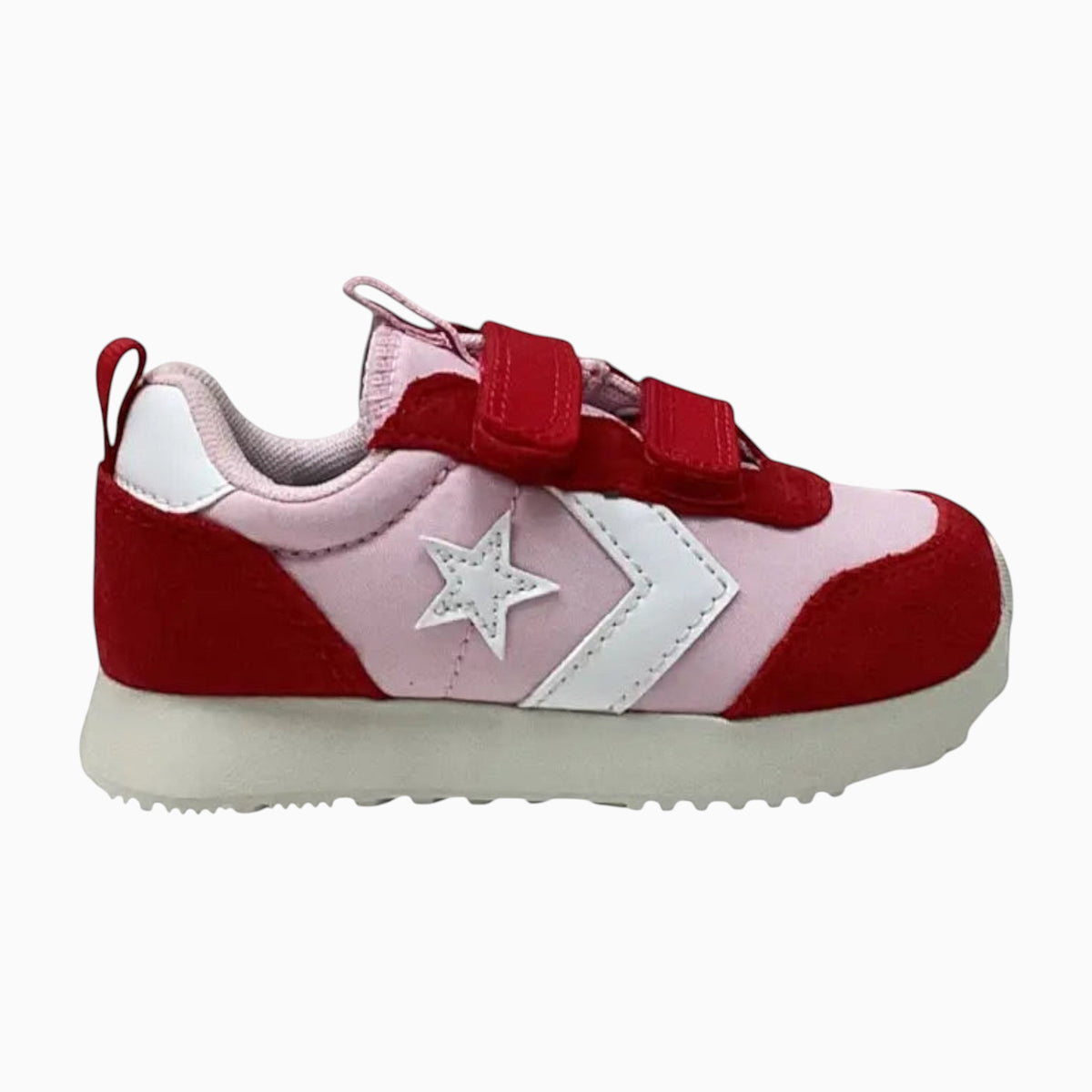 The Shoe Shop Omega Trainer infant sneaker in pink and red suede with white star logo and dual hook-and-loop straps.