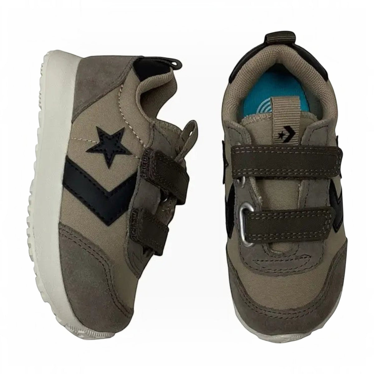 The Shoe Shop Omega Trainer infant sneakers in taupe suede with black star logo and dual adjustable velcro straps.