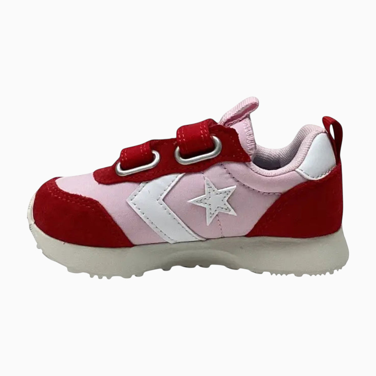 The Shoe Shop Omega Trainer infant sneaker in pink and red suede with adjustable straps and star logo side detail.