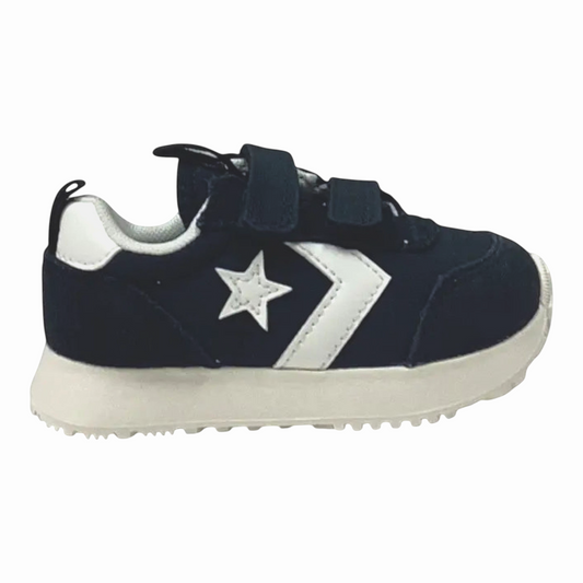 The Shoe Shop Omega Trainer OX infant sneaker in black suede with white star logo and dual hook-and-loop straps