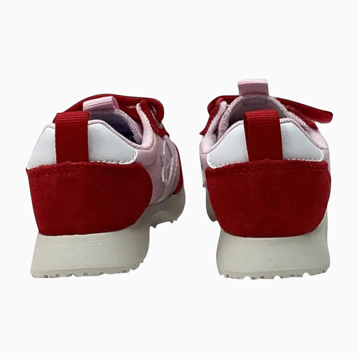 The Shoe Shop Omega Trainer infant sneakers in red and pink suede with dual straps, shown from the back view.