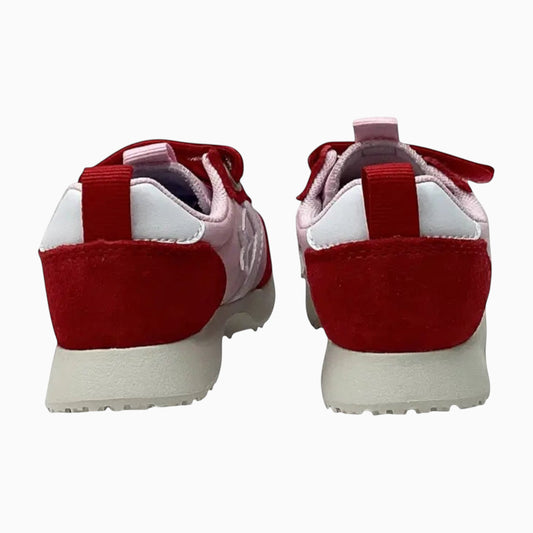 The Shoe Shop Omega Trainer infant sneakers in red and pink suede with dual straps, shown from the back view.