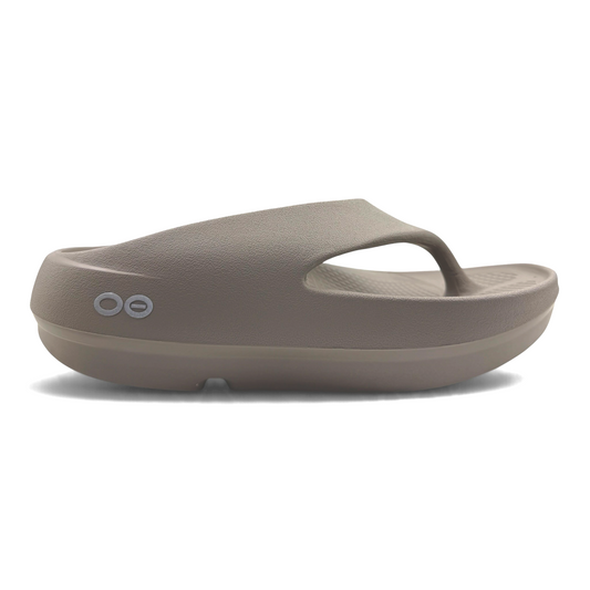 The Shoe Shop OOriginal Plus recovery thong sandal in dark brown foam with a contoured footbed and side logo detail.