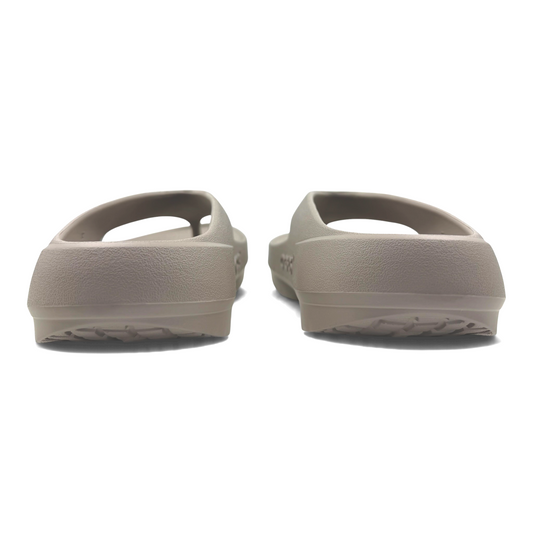 The Shoe Shop OOriginal Plus recovery sandals in taupe, showing the cushioned heel and textured foam construction.