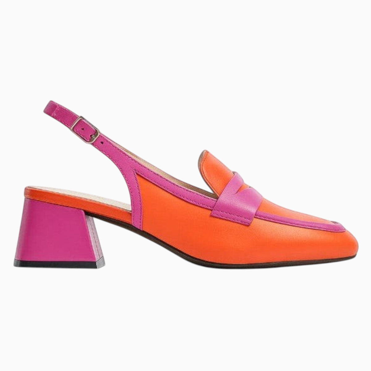 The Shoe Shop Peony slingback loafer in vibrant orange and pink leather with a comfortable 5.5cm block heel.