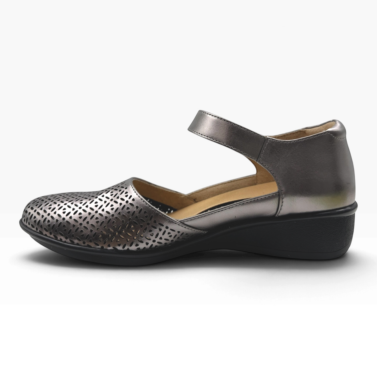 The Shoe Shop Osaka metallic silver laser-cut leather wedge shoe with an adjustable ankle strap