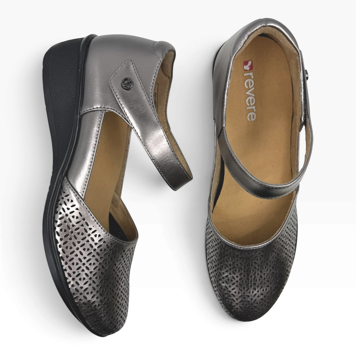 The Shoe Shop Osaka metallic pewter leather wedge shoes with laser-cut detailing and adjustable mary jane strap