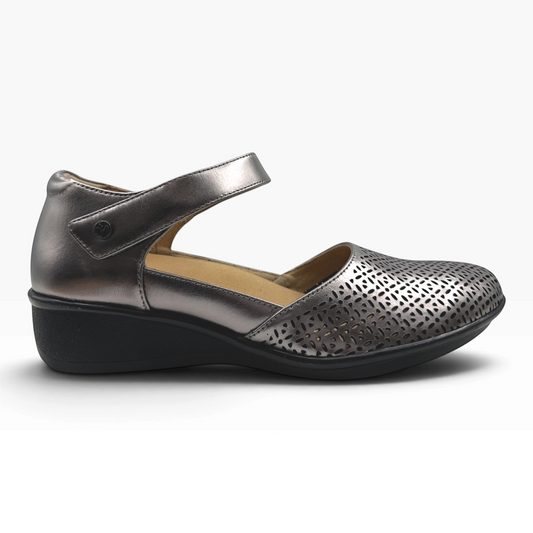 The Shoe Shop Osaka metallic pewter wedge shoe with laser-cut detailing and adjustable hook-and-loop strap