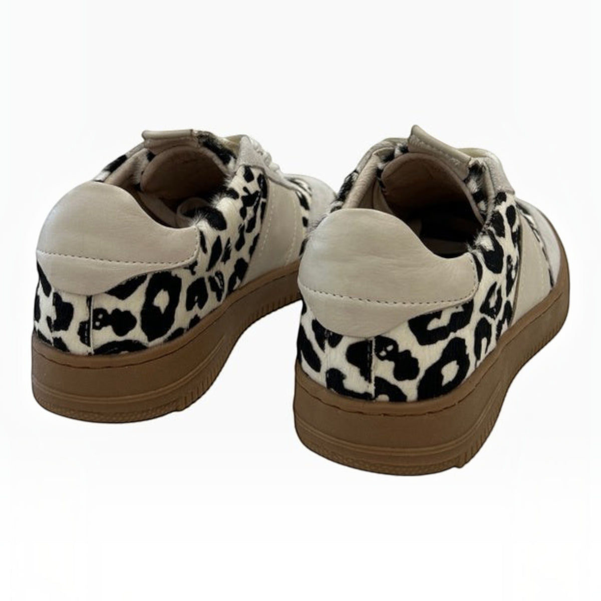 The Shoe Shop Oxen sneakers featuring leopard print suede and leather with a natural gum sole, rear view.