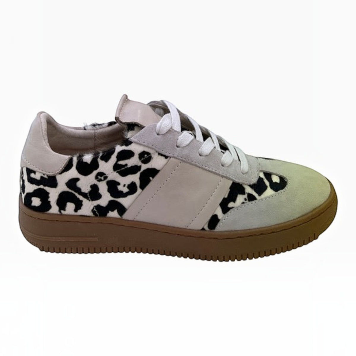 The Shoe Shop Oxen sneaker featuring leopard print suede, cream leather panels, and a durable brown gum sole.