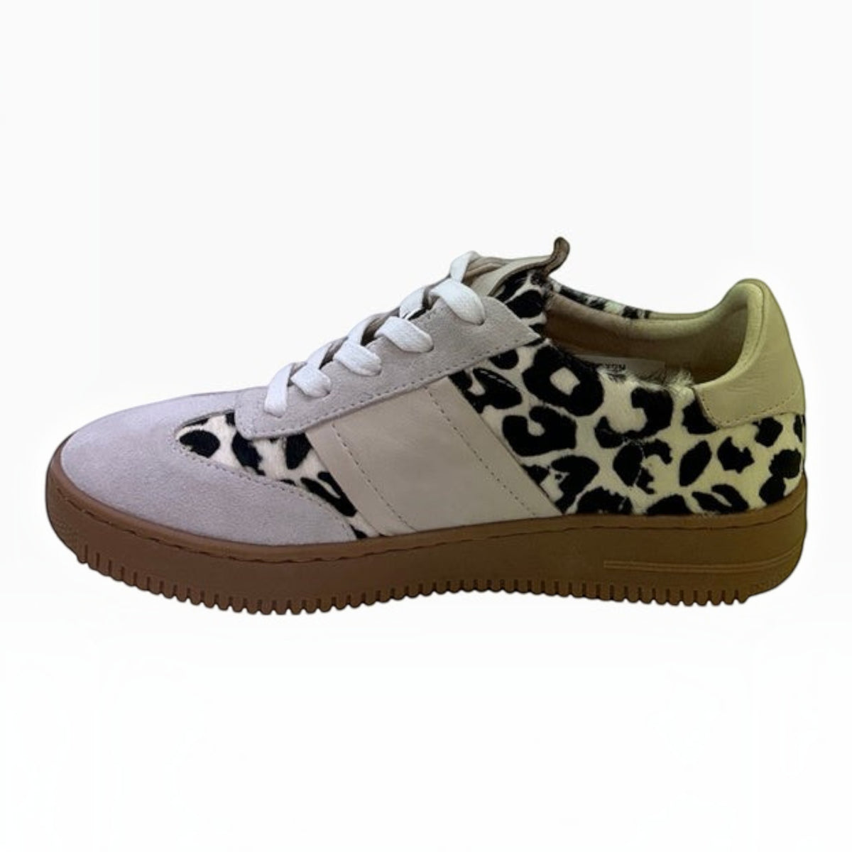 The Shoe Shop Oxen sneaker in beige suede and leopard print leather with a durable natural gum rubber sole.