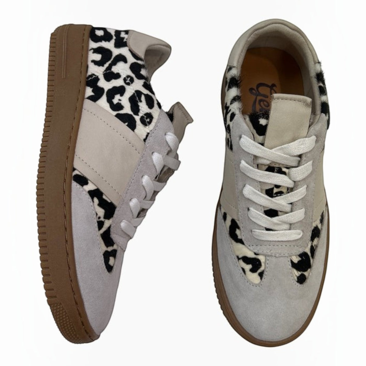 The Shoe Shop Oxen sneakers featuring grey suede, white leather, and leopard print panels with a natural gum sole.