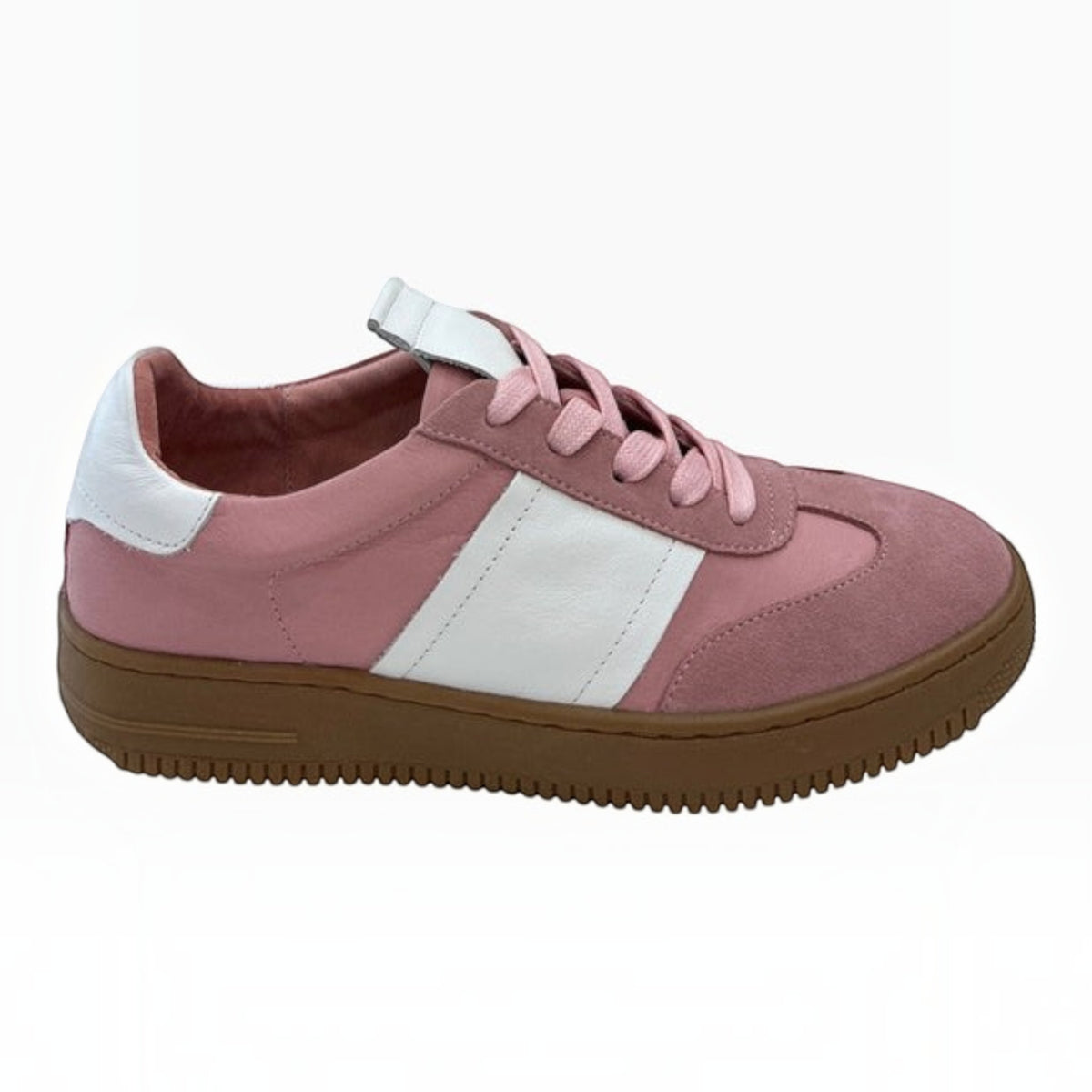 The Shoe Shop Oxen sneaker in pink suede and white leather with a natural gum sole and classic lace-up design.