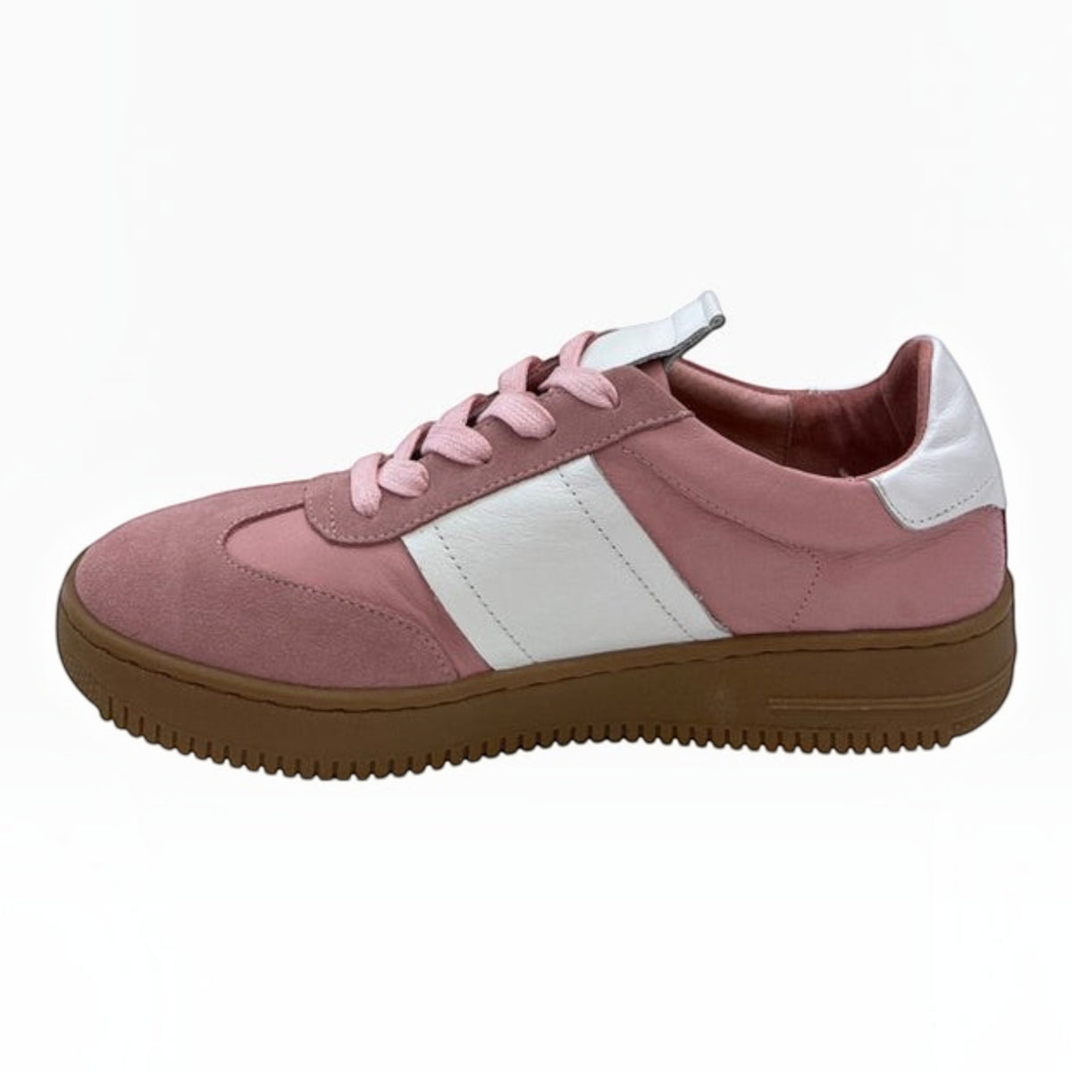 The Shoe Shop Oxen sneaker in pink suede and leather with a white side panel and natural gum rubber sole.