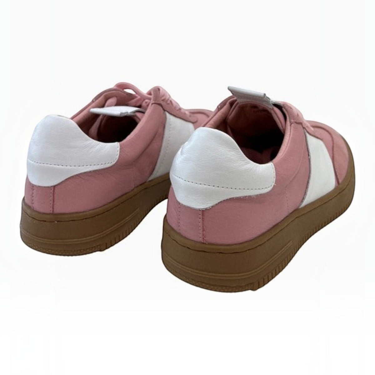 The Shoe Shop Oxen pink and white suede leather sneakers with a natural gum rubber sole, rear view.