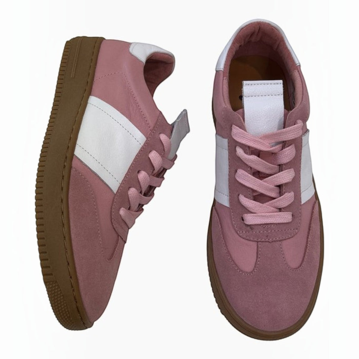 The Shoe Shop Oxen sneakers in pink suede and white leather with a natural gum sole and classic lace-up design.