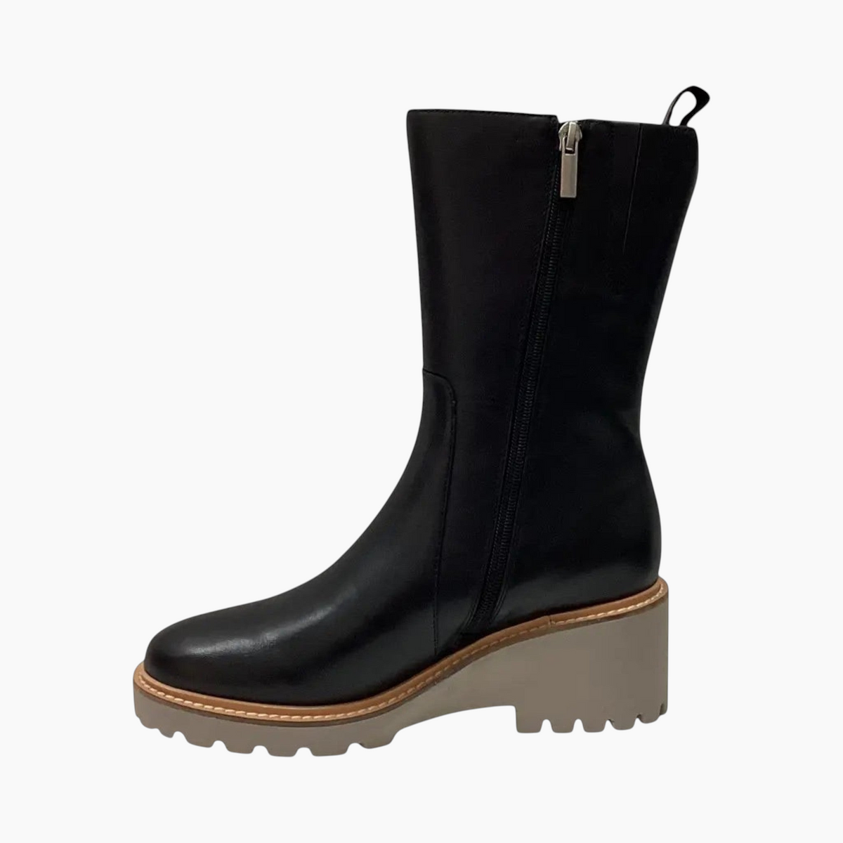 The Shoe Shop Pacard black leather ankle boot with a 65mm wedge heel, platform sole, and side zip closure.