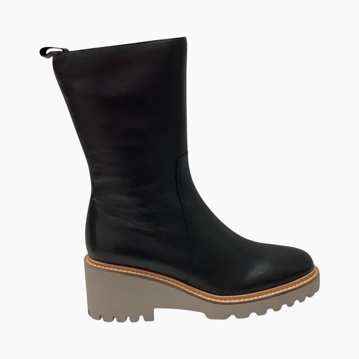 The Shoe Shop Pacard black leather ankle boot with a 65mm wedge heel and a chunky grey platform lug sole.