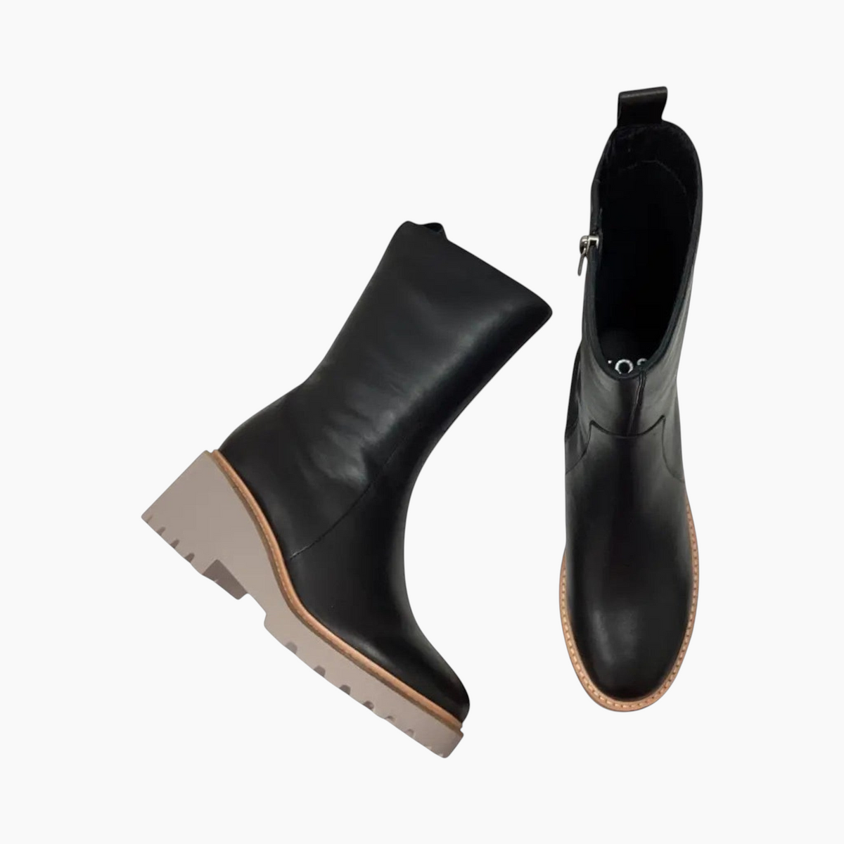 The Shoe Shop Pacard black leather ankle boots with dual zips, 65mm wedge heel, and a lightweight platform sole.