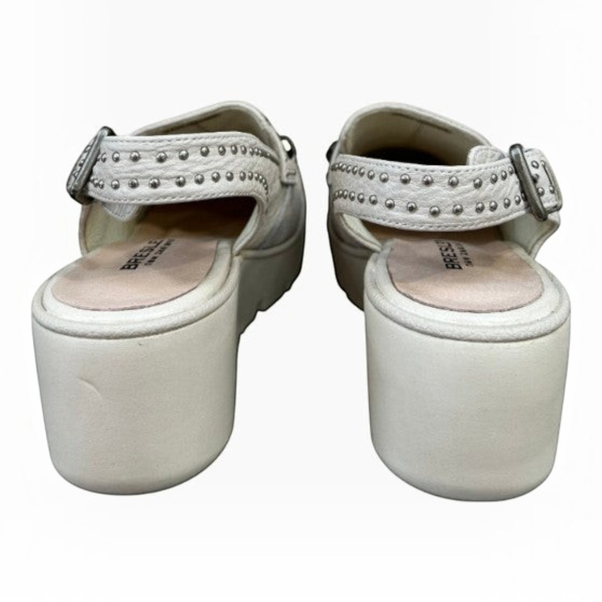 The Shoe Shop Peeps white leather wedge sandals with gunmetal studded heel straps and adjustable buckle closure