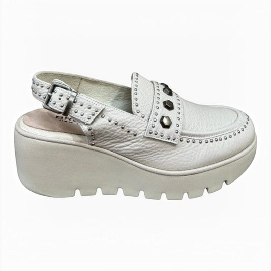 The Shoe Shop Peeps white leather wedge sandal with gunmetal stud detailing, buckle strap, and chunky platform sole.