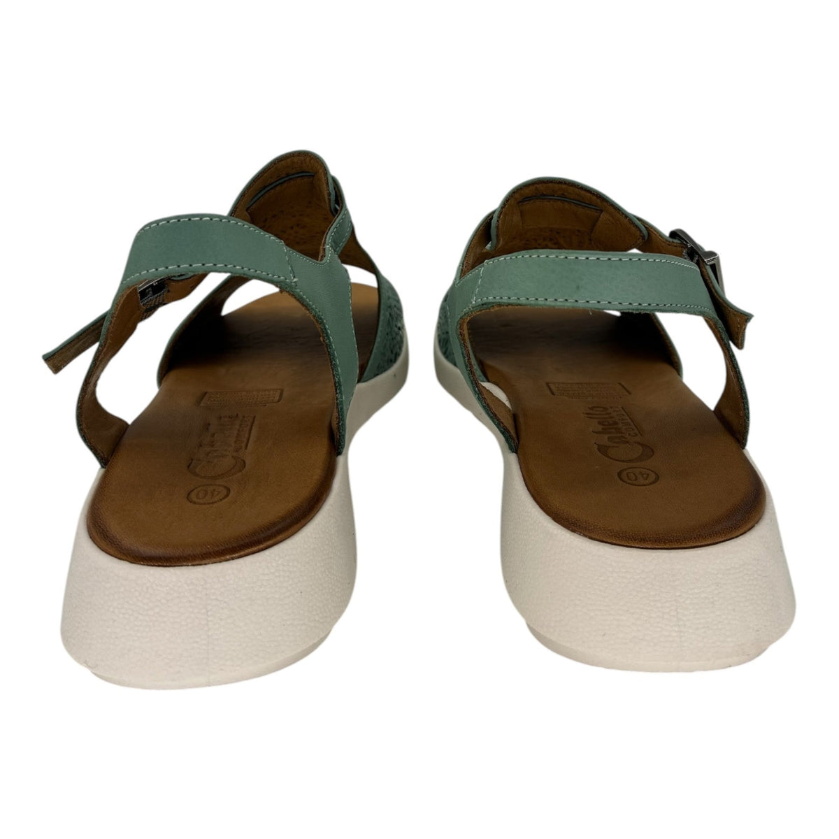 The Shoe Shop Penelope mint green leather sandals with adjustable straps and comfortable wedge heels, rear view.