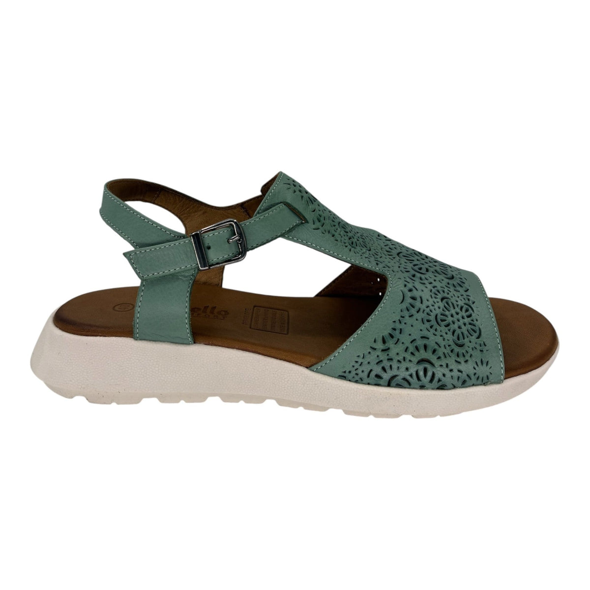 The Shoe Shop Penelope mint green leather sandal with laser-cut floral detailing, adjustable strap, and wedge heel.