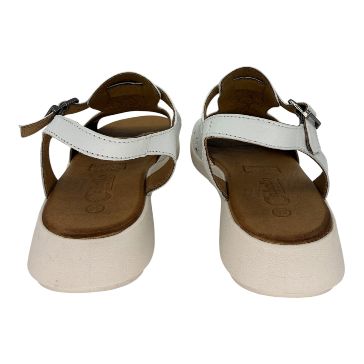 The Shoe Shop Penelope white leather sandals with adjustable straps and comfortable wedge heels, rear view.