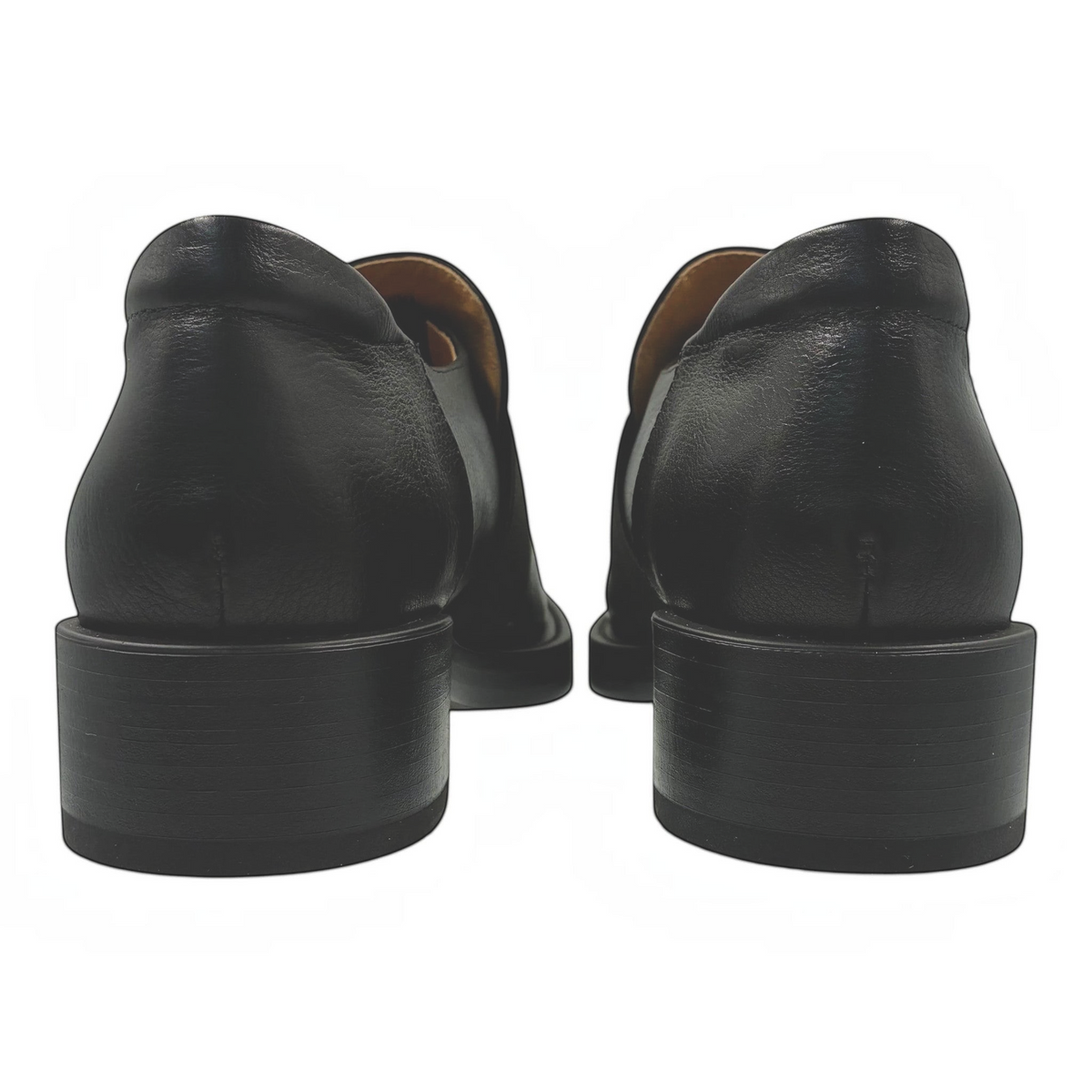 Back view of The Shoe Shop Penmark black leather loafers featuring a stacked block heel