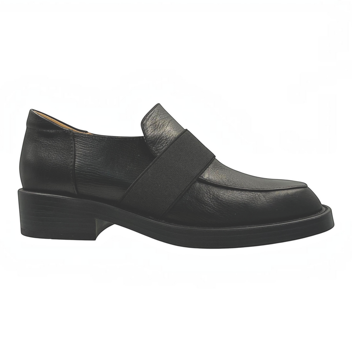 The Shoe Shop Penmark black leather slip-on loafer with a wide elastic band detail and a 3.5cm block heel.