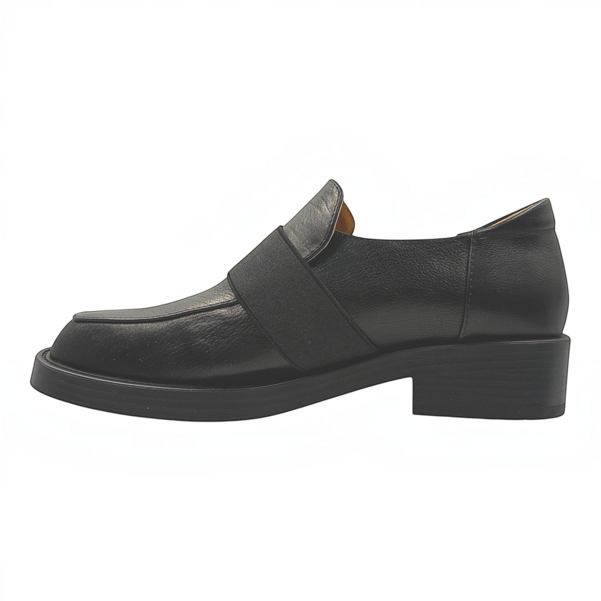 The Shoe Shop Penmark loafer in black leather with a wide elastic strap and a low block heel, side profile view.