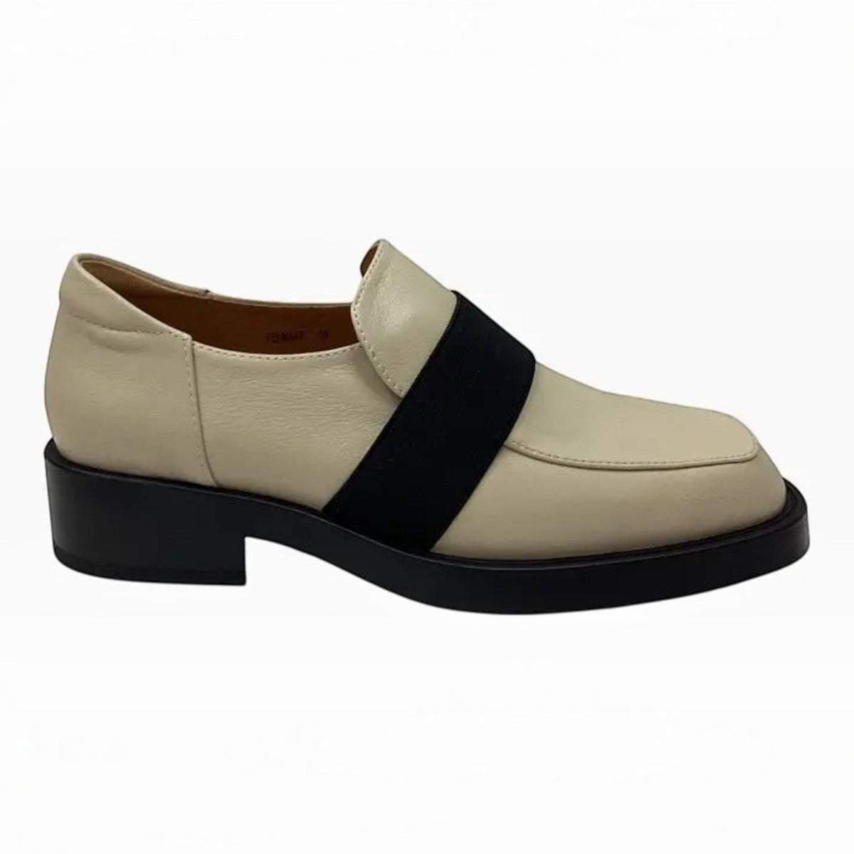 The Shoe Shop Bresley Penmark cream leather slip-on loafer with a contrasting black elastic band and low block heel.