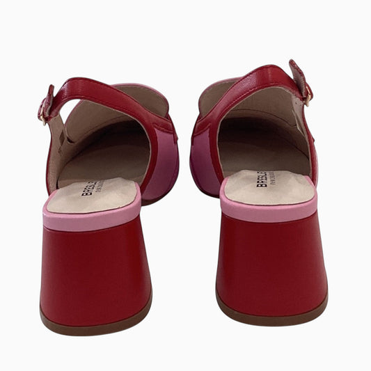The Shoe Shop Peony slingback heels in red and pink leather with a block heel and adjustable buckle strap, rear view.