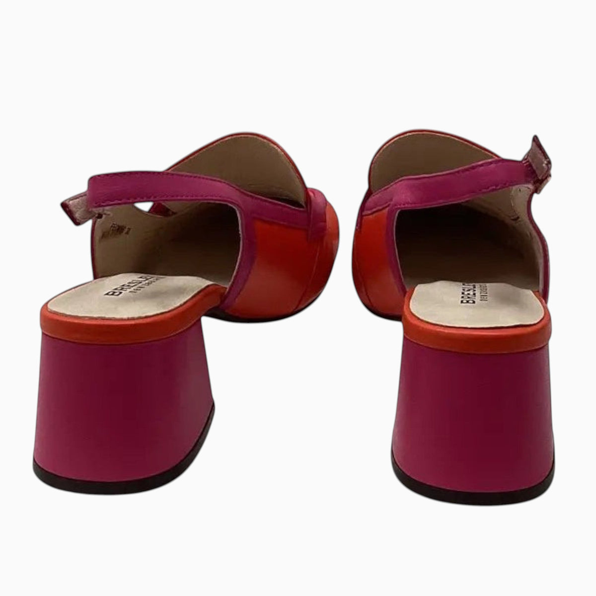 The Shoe Shop Peony slingback heels in red and pink leather with a block heel and adjustable buckle strap.