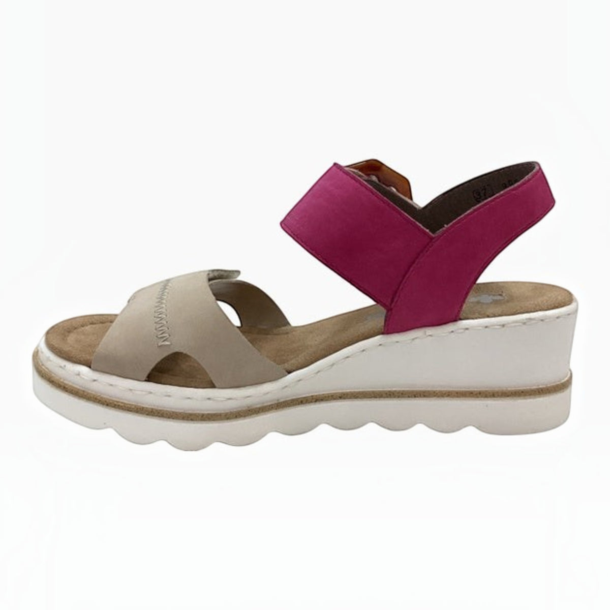 The Shoe Shop Whitney pink and beige synthetic wedge sandal with a cushioned footbed and velcro ankle strap.