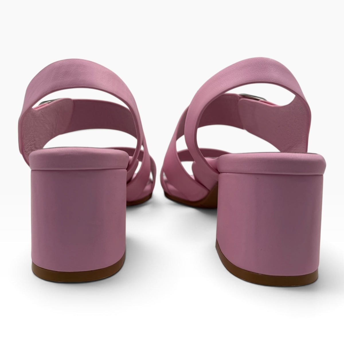 Back view of The Shoe Shop Vibe Sand pink leather block heel sandals with ankle straps