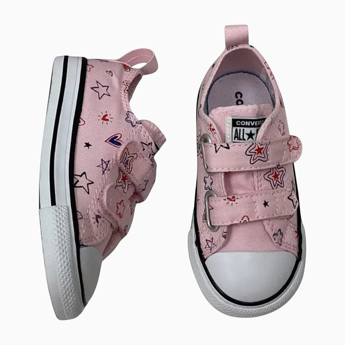 The Shoe Shop pink canvas Chuck Taylor All Stars with doodle heart and star prints and dual hook-and-loop straps