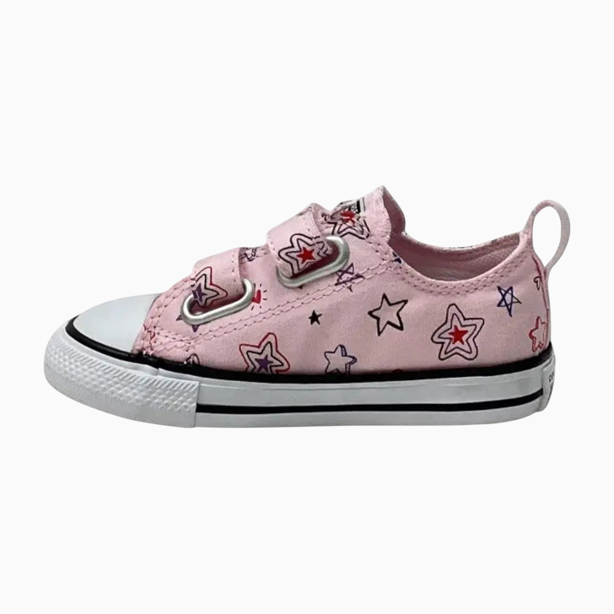 The Shoe Shop Chuck Taylor All Stars 2V 0X toddler sneakers in pink canvas with hand-drawn star and heart doodles.