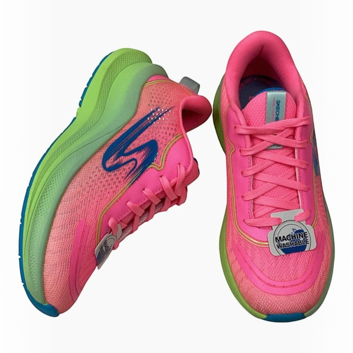 The Shoe Shop Skechers Max Cushioning Ascend Aura Speed sneakers in bright pink with lime green and blue accents.