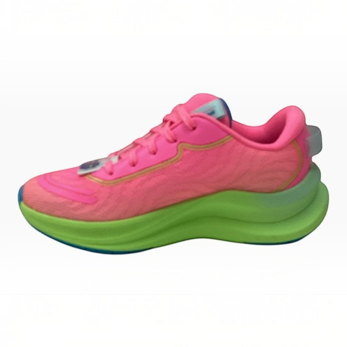 The Shoe Shop Skechers Max Cushioning Ascend Aura Speed sneaker in vibrant pink mesh with a lime green chunky sole.