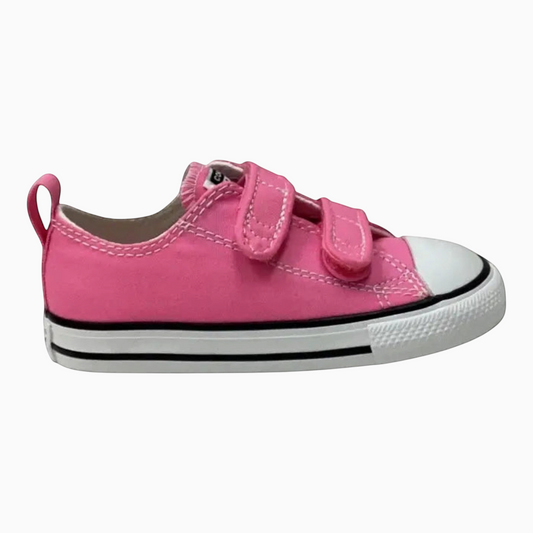 The Shoe Shop pink canvas infant low-top sneaker with two hook-and-loop straps and a white rubber toe cap