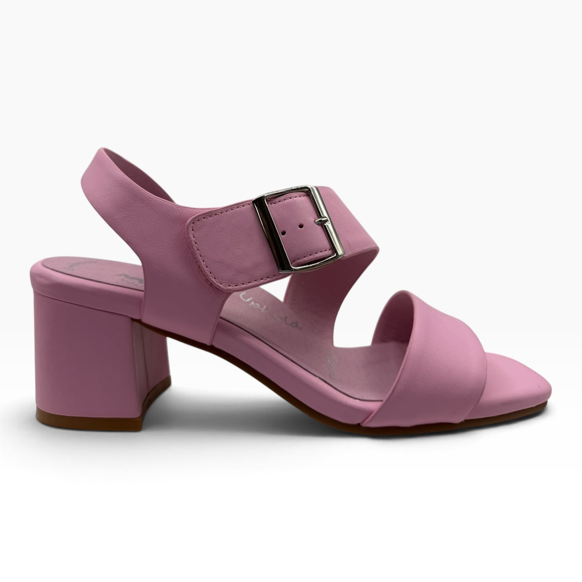 The Shoe Shop Vibe pink leather block heel sandal with an adjustable ankle strap and silver buckle