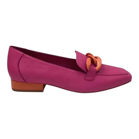 The Shoe Shop Belle Scarpe Roam pink leather slip-on loafer with a bold orange chain detail and contrast block heel.